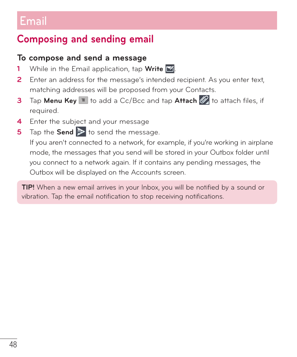 Composing and sending email, Email | LG D520 User Manual | Page 50 / 139