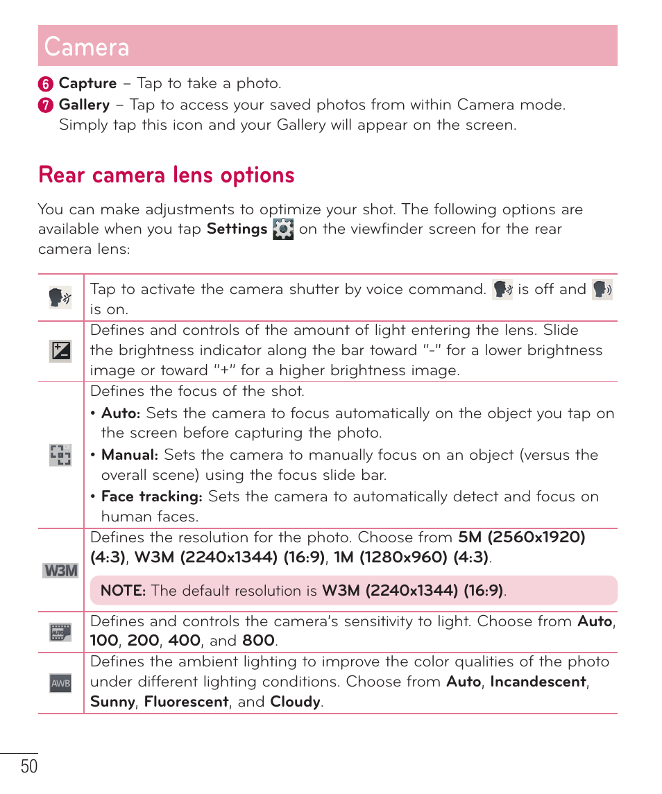 Rear camera lens options, Camera | LG D520 User Manual | Page 52 / 139