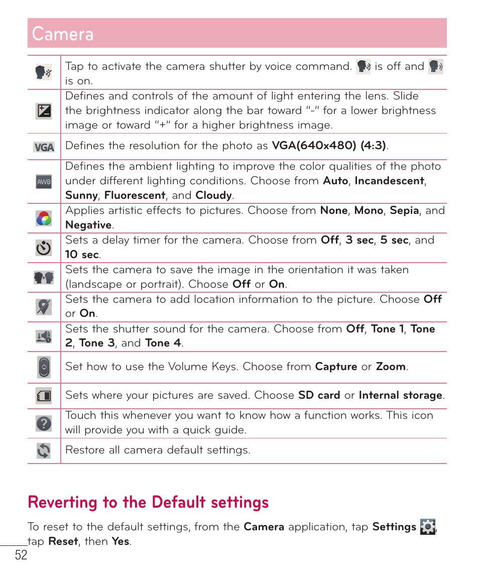 Reverting to the default settings, Camera | LG D520 User Manual | Page 54 / 139