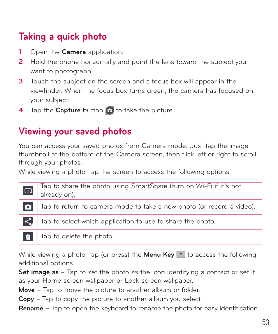 Taking a quick photo, Viewing your saved photos | LG D520 User Manual | Page 55 / 139