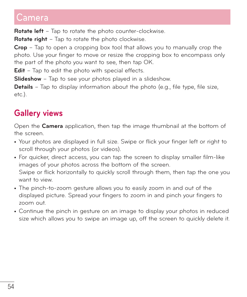 Gallery views, Camera | LG D520 User Manual | Page 56 / 139