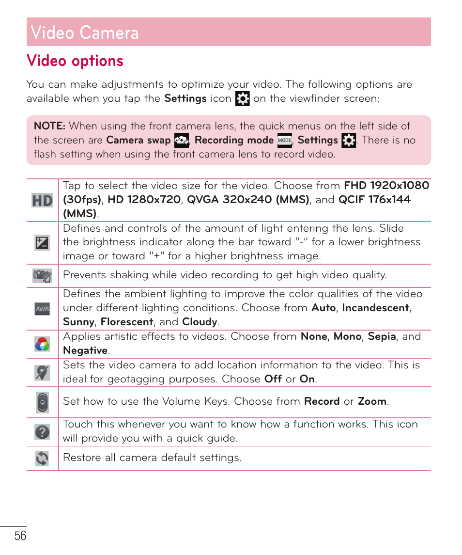 Video options, Video camera | LG D520 User Manual | Page 58 / 139