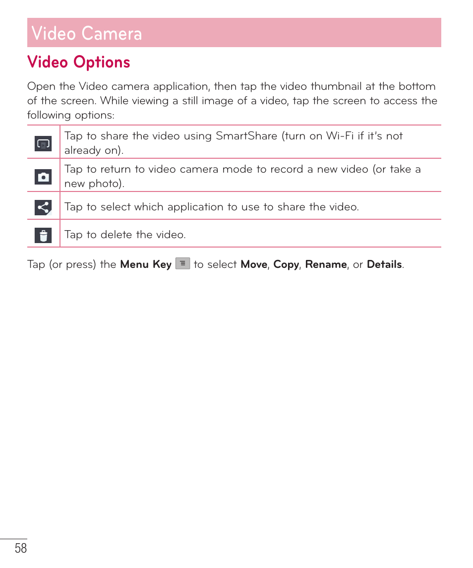 Video options, Video camera | LG D520 User Manual | Page 60 / 139