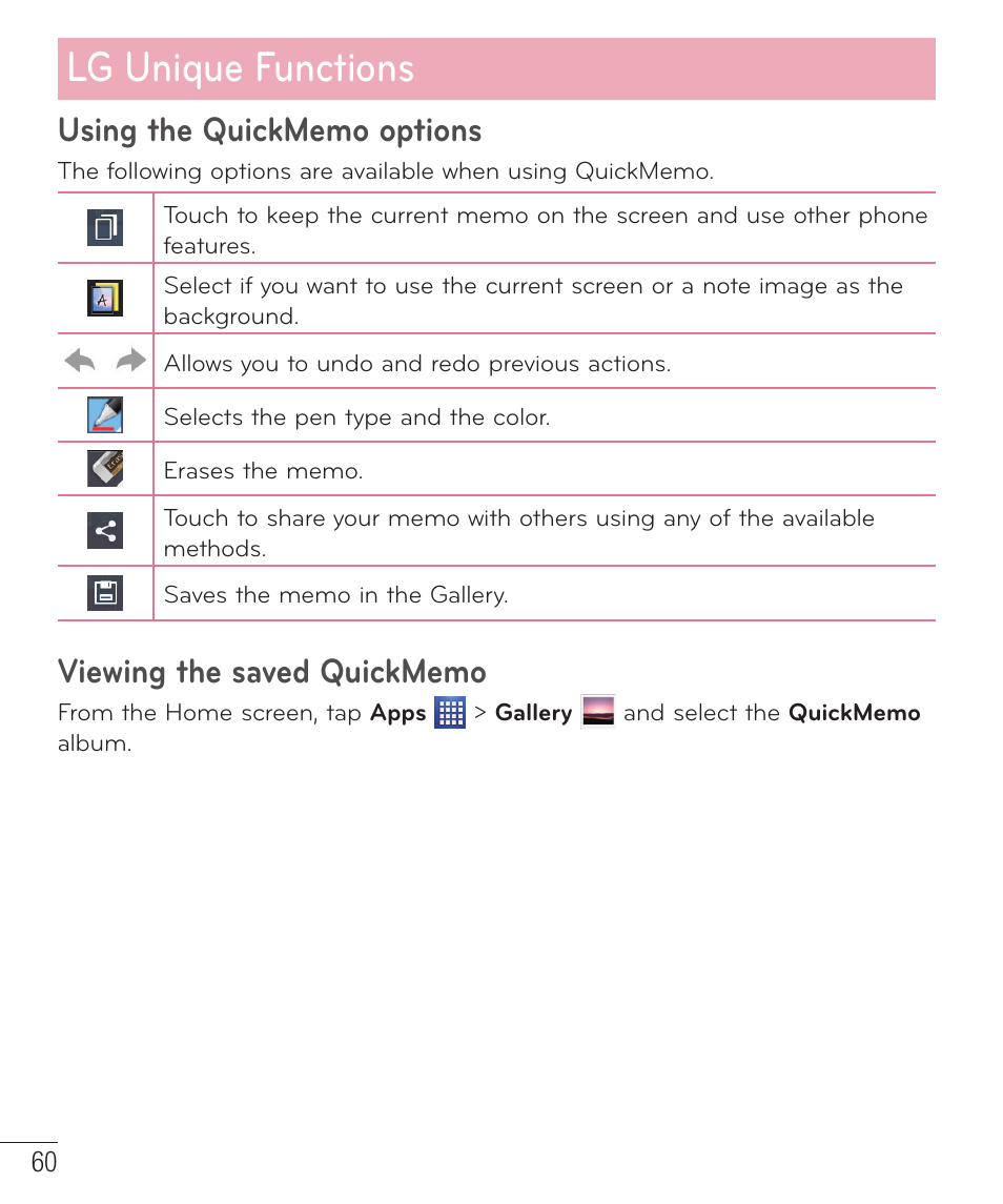 Lg unique functions | LG D520 User Manual | Page 62 / 139