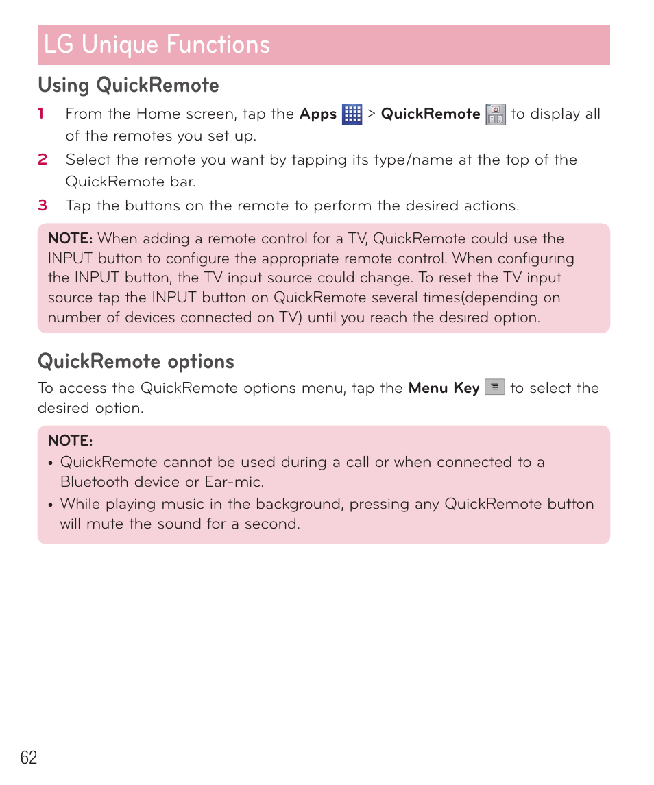 Lg unique functions, Using quickremote, Quickremote options | LG D520 User Manual | Page 64 / 139