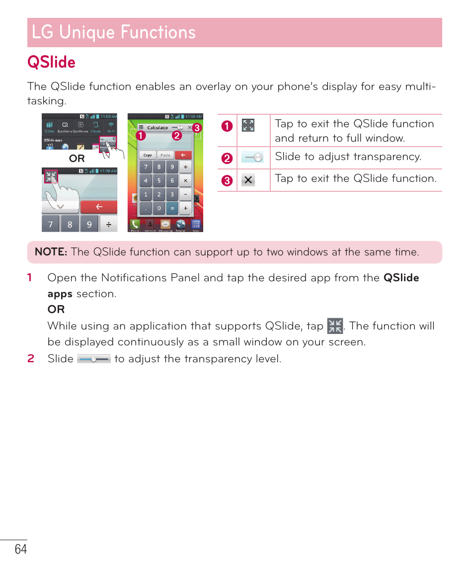 Qslide, Lg unique functions | LG D520 User Manual | Page 66 / 139