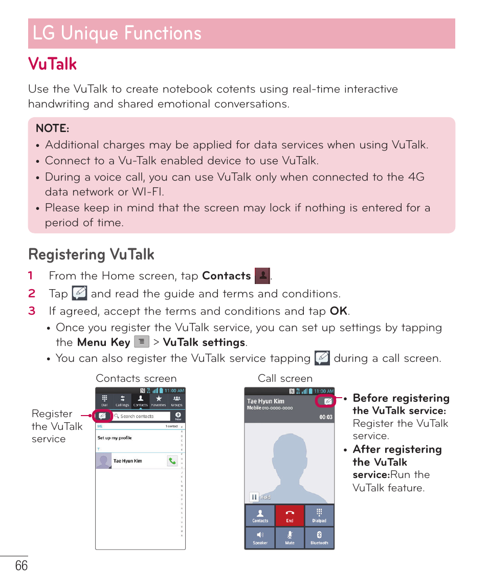 Vutalk, Lg unique functions, Registering vutalk | LG D520 User Manual | Page 68 / 139