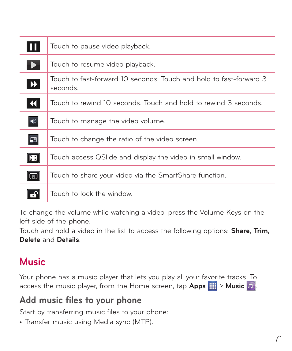 Music, Add music files to your phone | LG D520 User Manual | Page 73 / 139