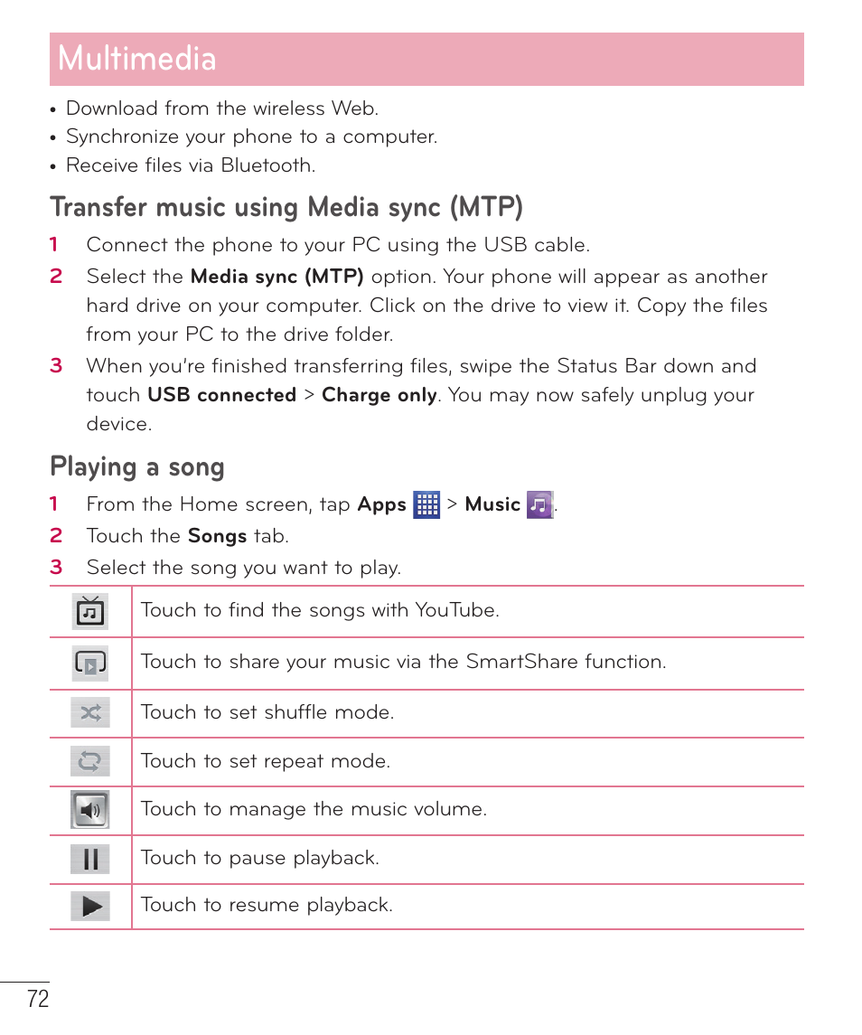 Multimedia, Transfer music using media sync (mtp), Playing a song | LG D520 User Manual | Page 74 / 139