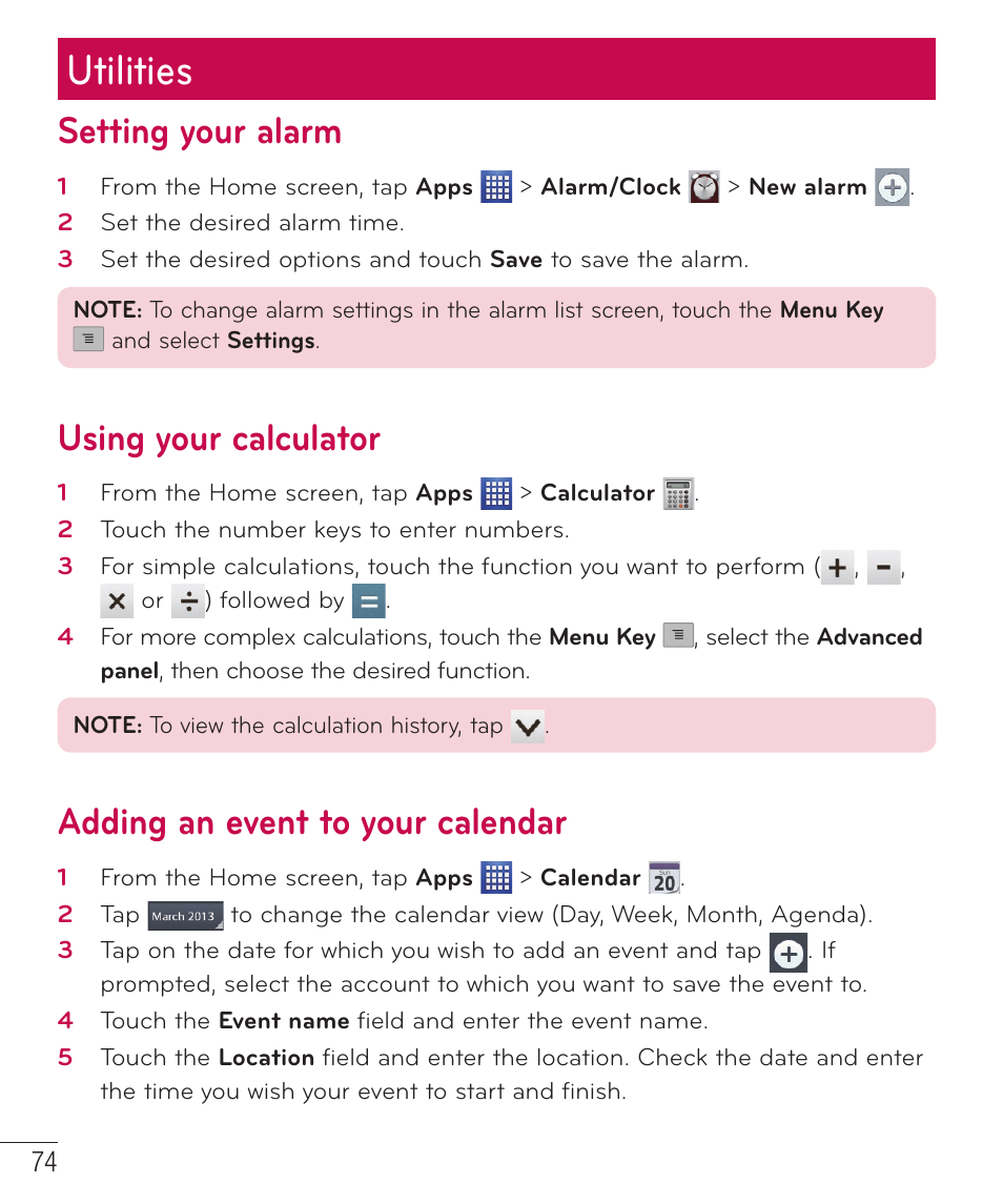 Utilities, Setting your alarm, Using your calculator | Adding an event to your calendar | LG D520 User Manual | Page 76 / 139