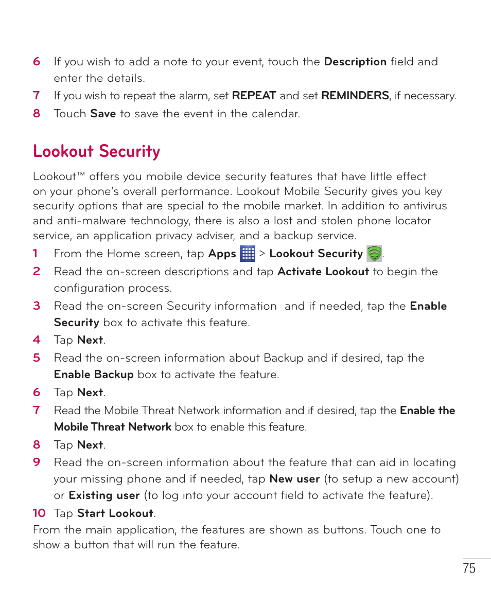 Lookout security | LG D520 User Manual | Page 77 / 139