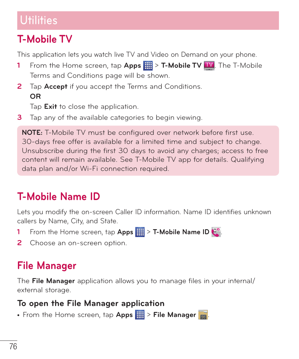 T-mobile tv, T-mobile name id, File manager | Utilities | LG D520 User Manual | Page 78 / 139