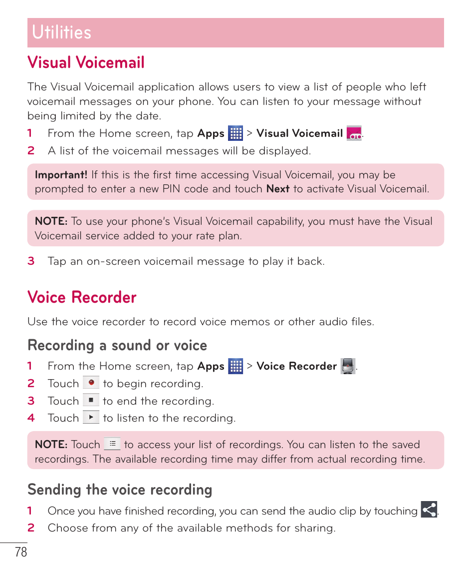 Visual voicemail, Voice recorder, Utilities | Recording a sound or voice, Sending the voice recording | LG D520 User Manual | Page 80 / 139