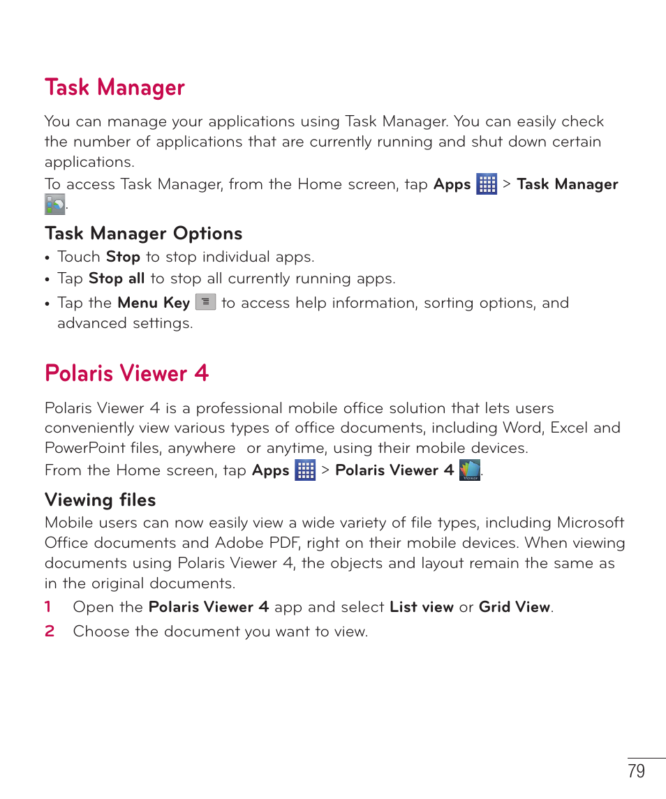 Task manager, Polaris viewer 4, Task manager options | Viewing files | LG D520 User Manual | Page 81 / 139