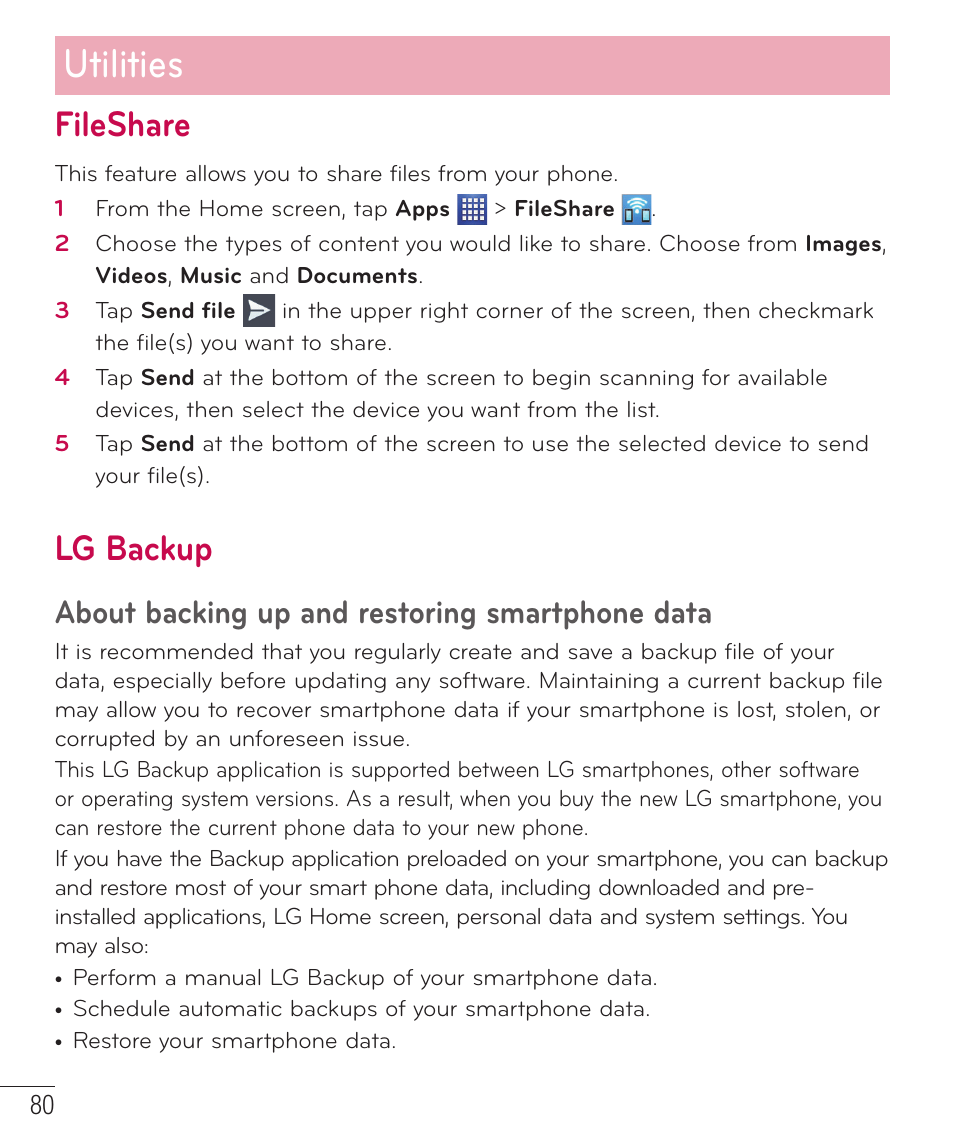 Fileshare, Lg backup, Utilities | About backing up and restoring smartphone data | LG D520 User Manual | Page 82 / 139