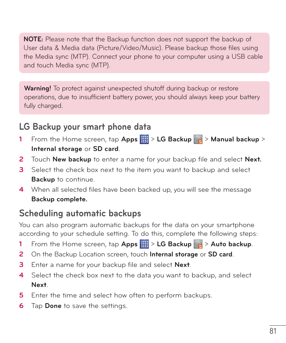 Lg backup your smart phone data, Scheduling automatic backups | LG D520 User Manual | Page 83 / 139