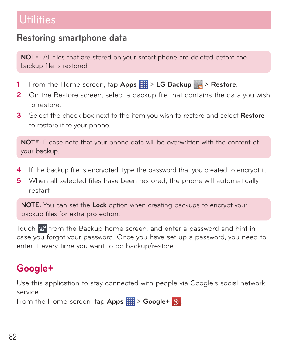 Google, Utilities, Restoring smartphone data | LG D520 User Manual | Page 84 / 139