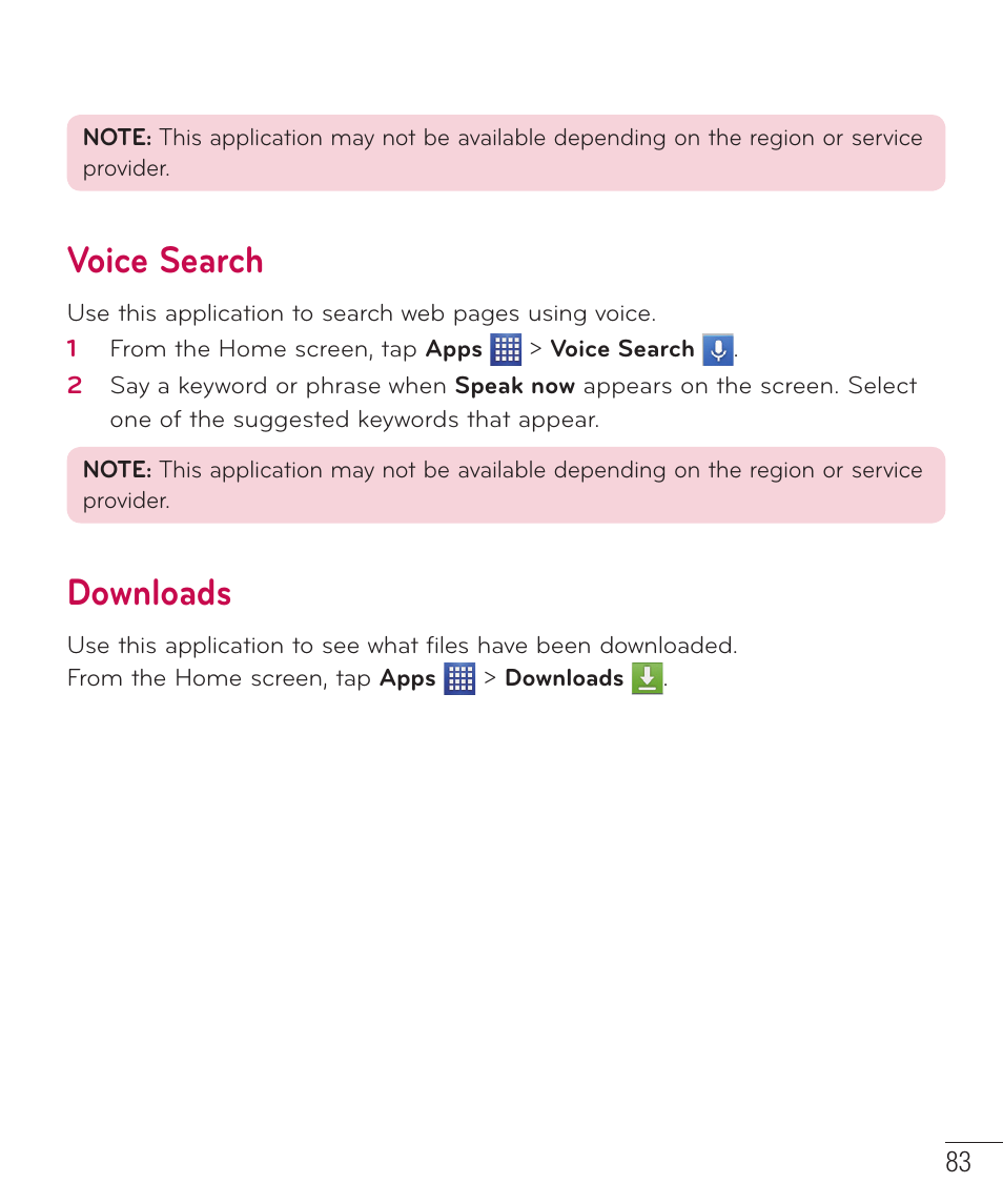 Voice search, Downloads | LG D520 User Manual | Page 85 / 139