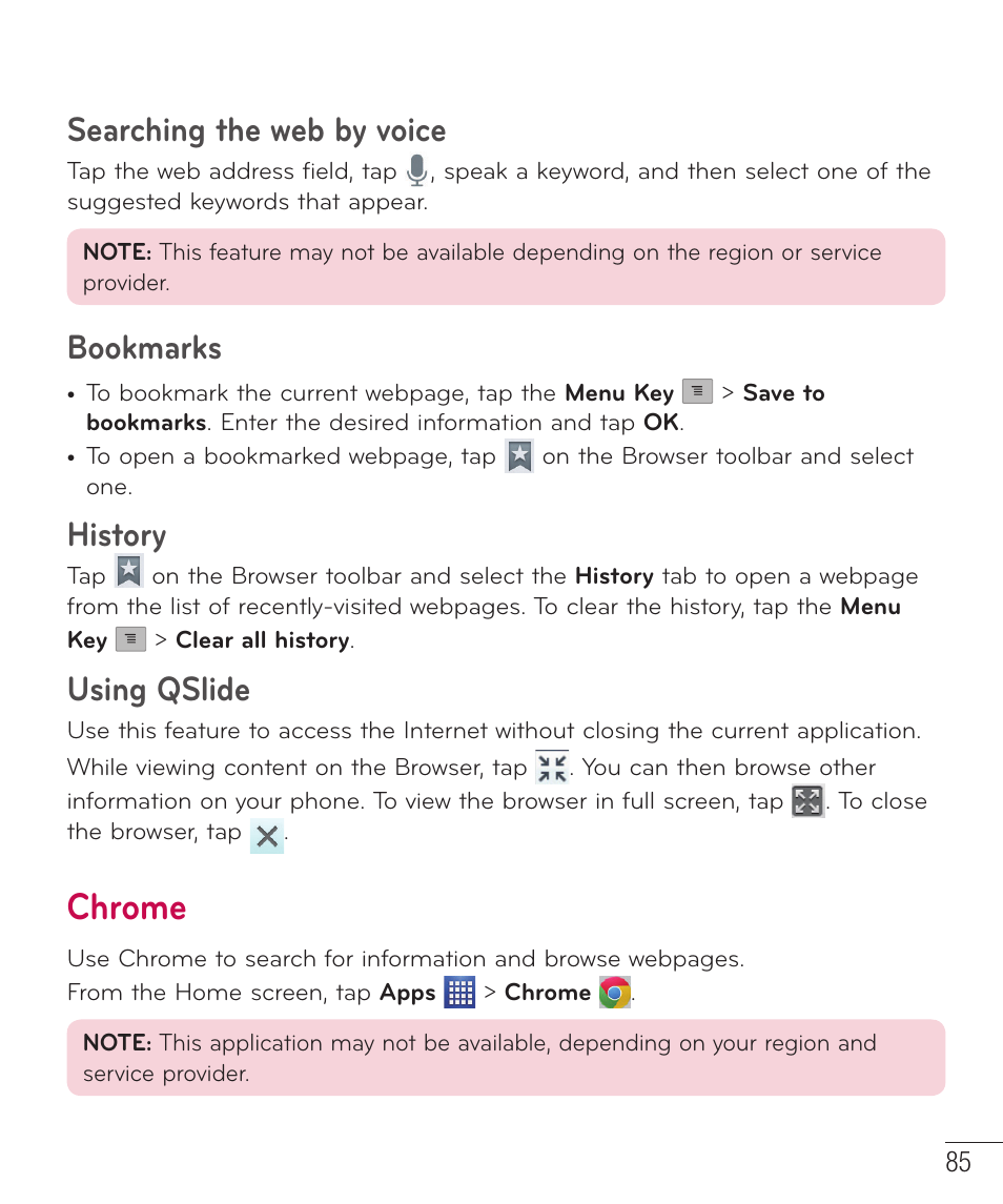 Chrome, Searching the web by voice, Bookmarks | History, Using qslide | LG D520 User Manual | Page 87 / 139