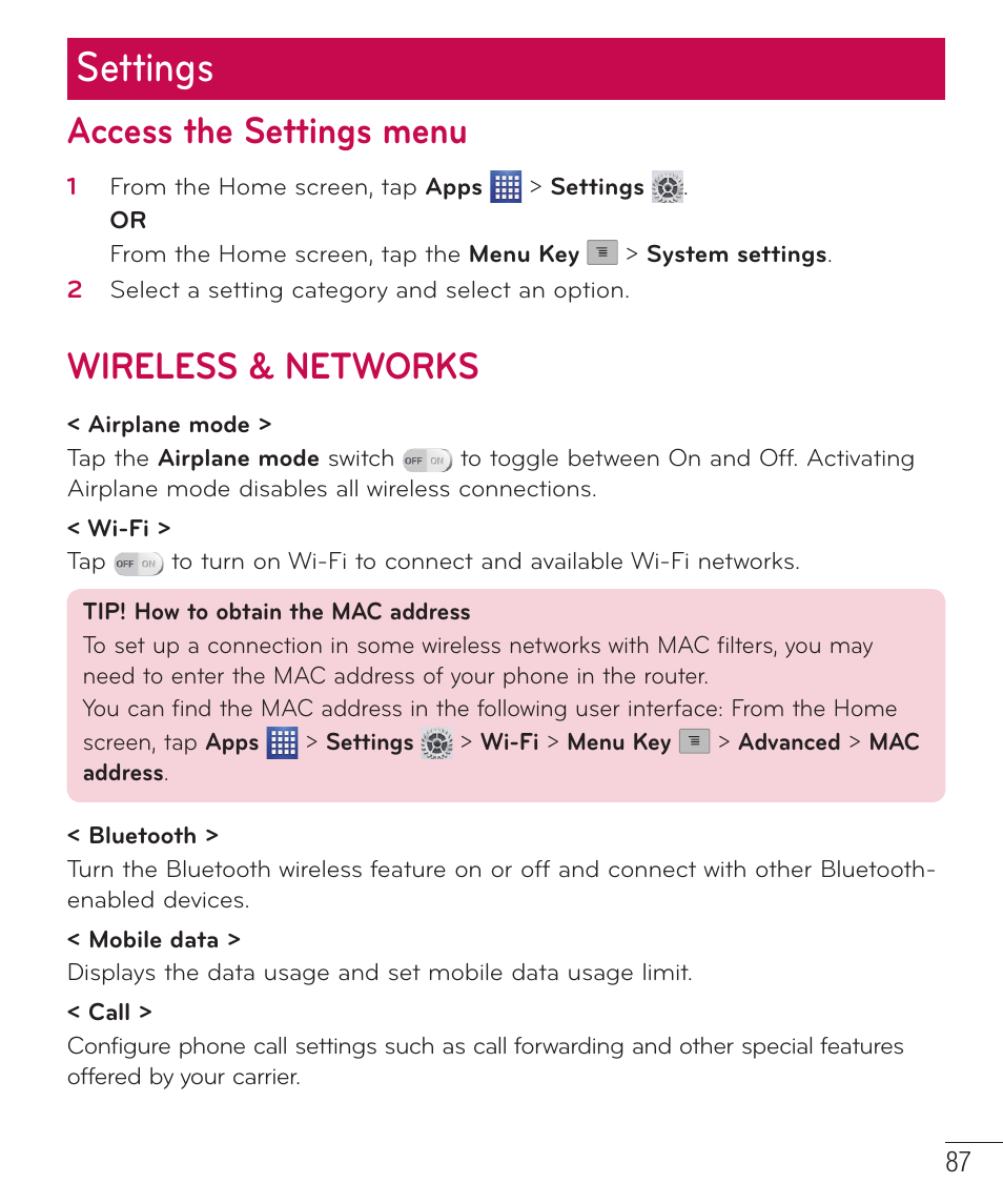 Settings, Access the settings menu, Wireless & networks | LG D520 User Manual | Page 89 / 139