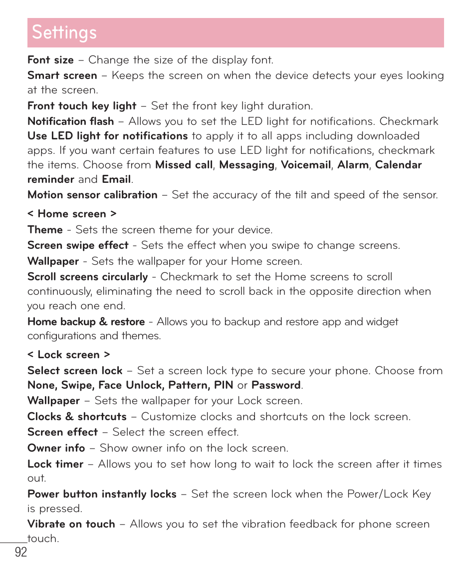 Settings | LG D520 User Manual | Page 94 / 139