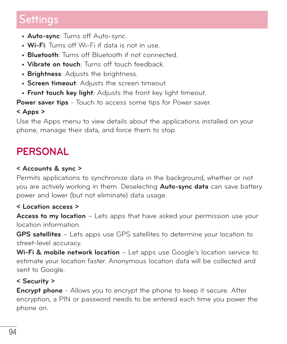 Personal, Settings | LG D520 User Manual | Page 96 / 139