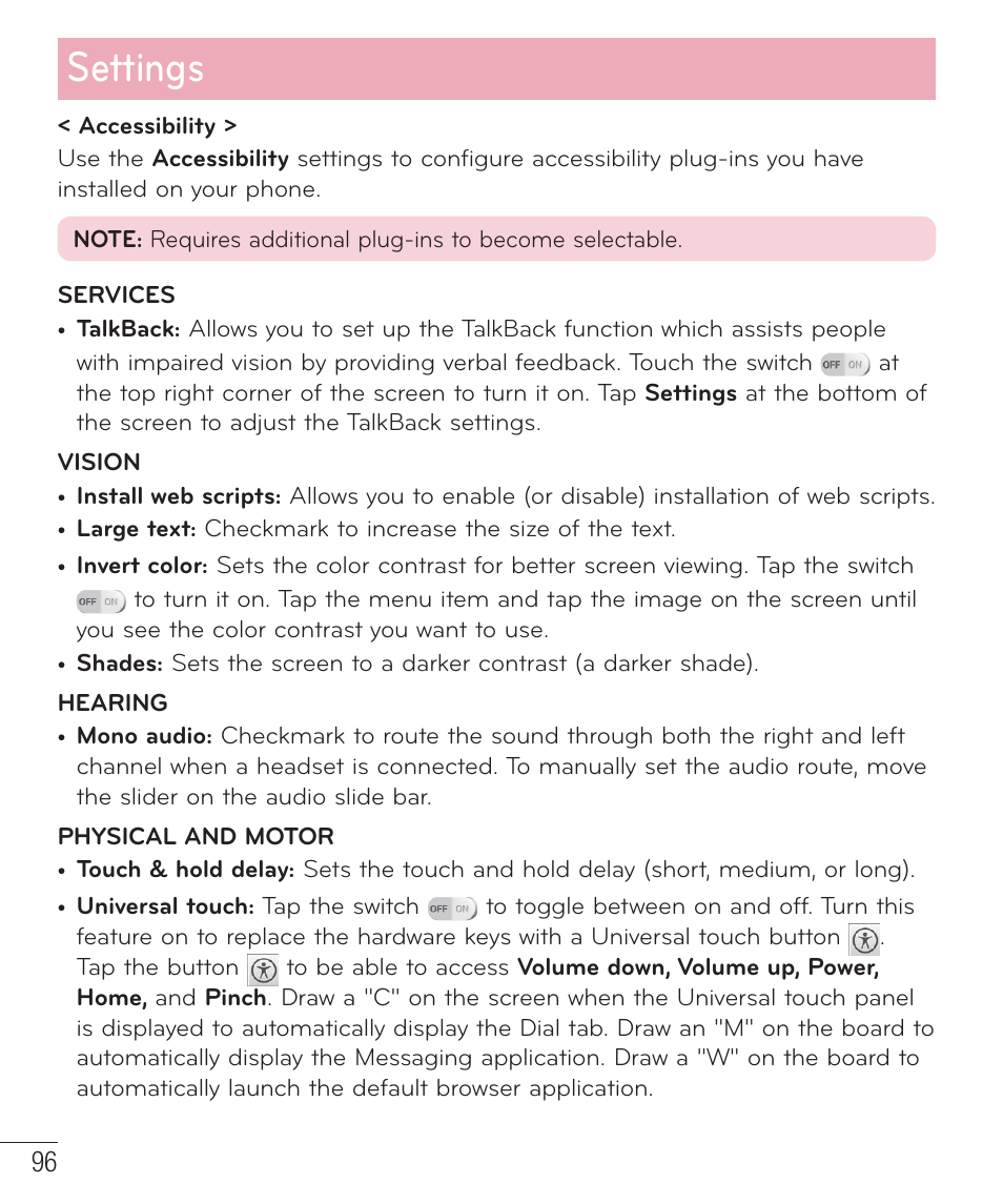 Settings | LG D520 User Manual | Page 98 / 139