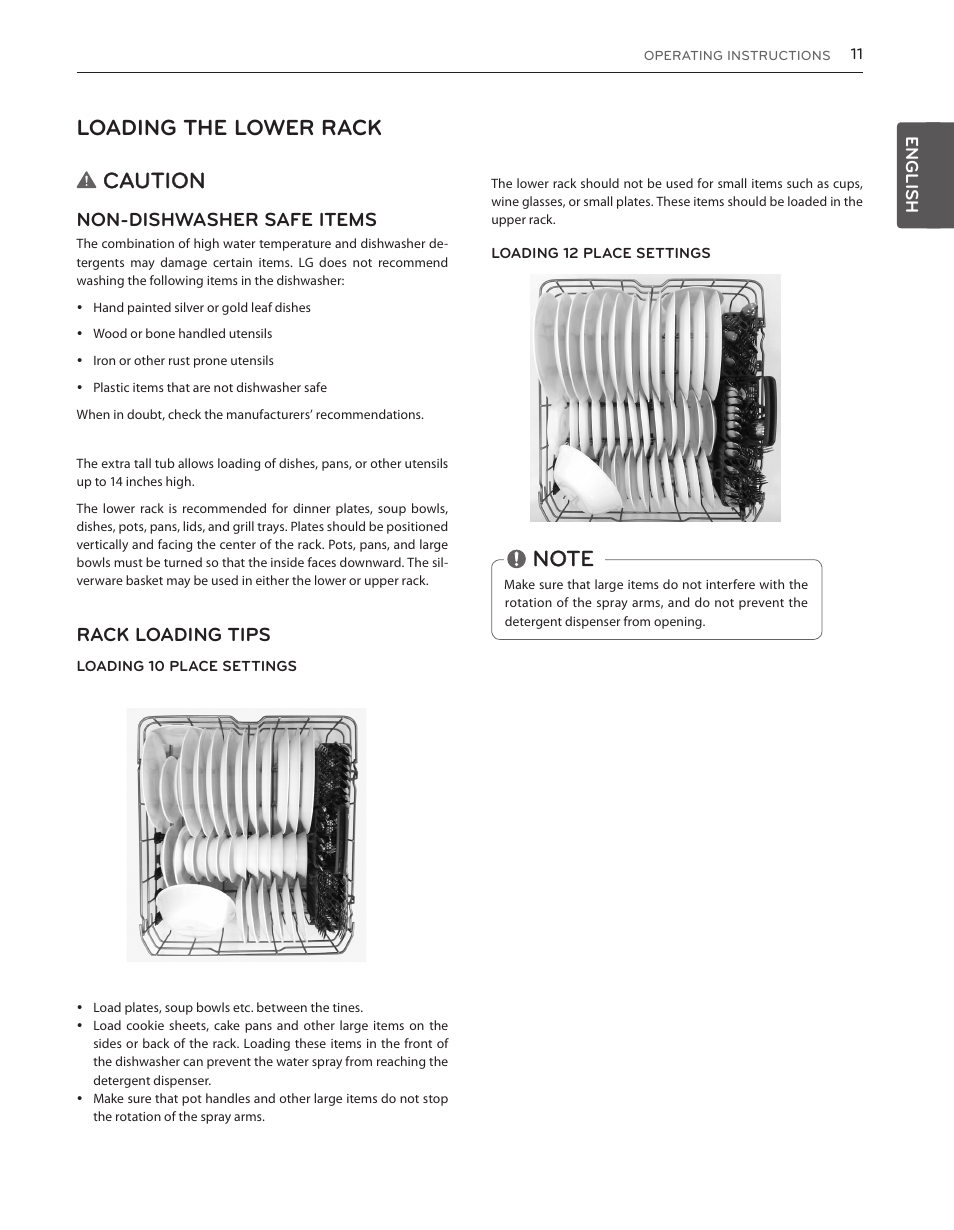 Loading the lower rack caution, Non-dishwasher safe items, Rack loading tips | English | LG LDS5040BB User Manual | Page 11 / 80