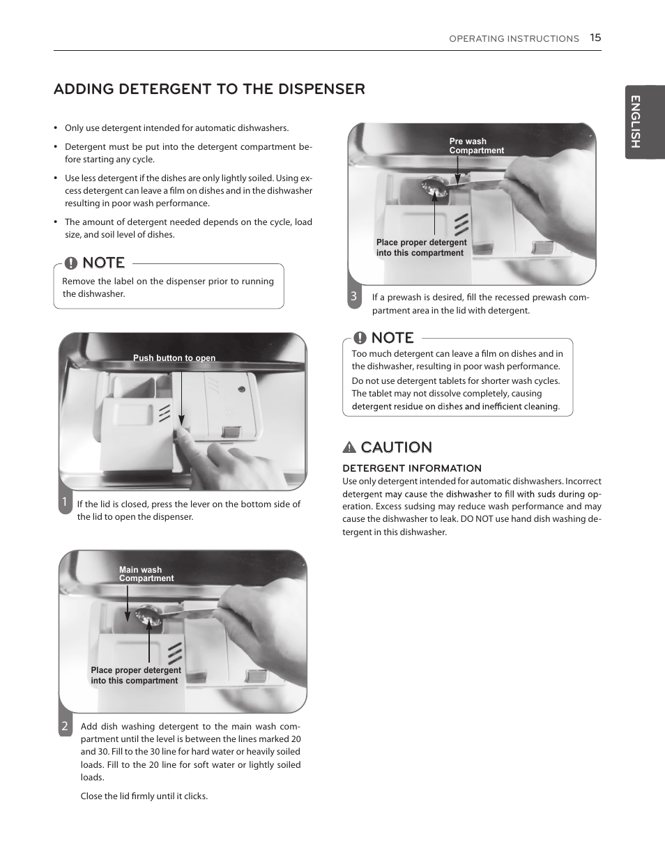 Adding detergent to the dispenser, Caution, English | LG LDS5040BB User Manual | Page 15 / 80