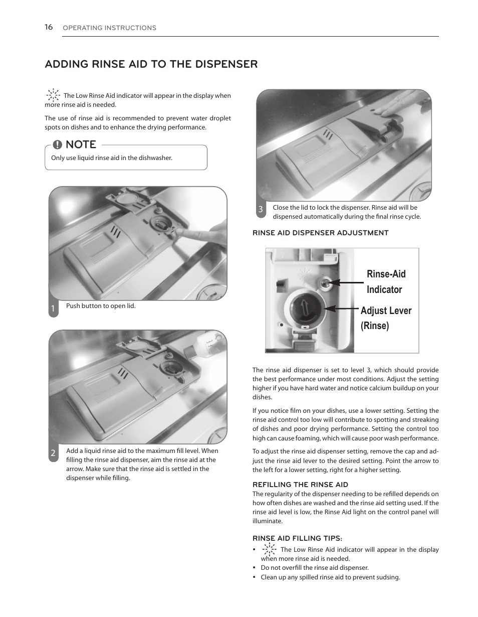 Adding rinse aid to the dispenser, Rinse-aid indicator adjust lever (rinse) | LG LDS5040BB User Manual | Page 16 / 80