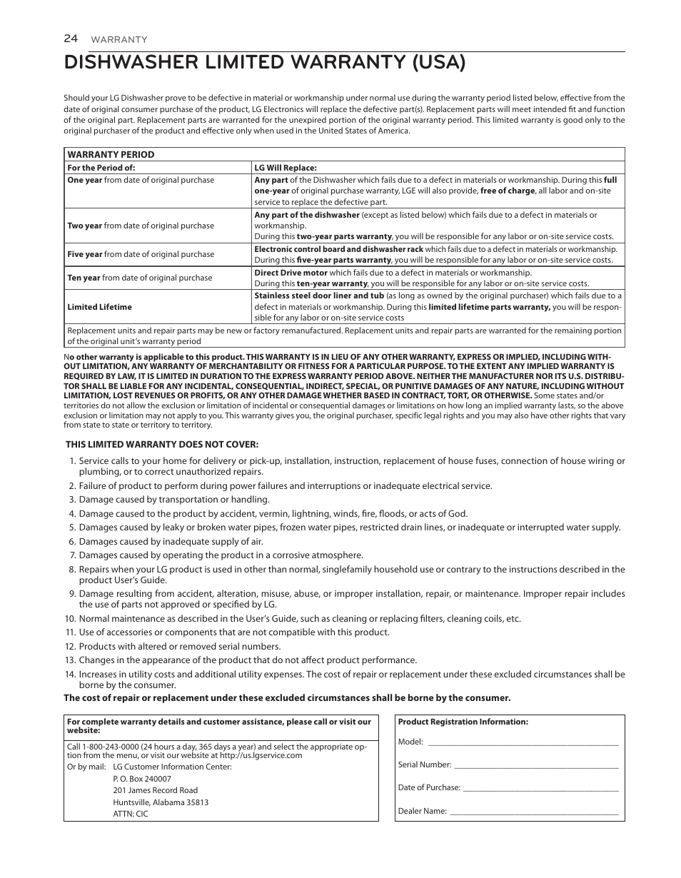 Dishwasher limited warranty (usa) | LG LDS5040BB User Manual | Page 24 / 80