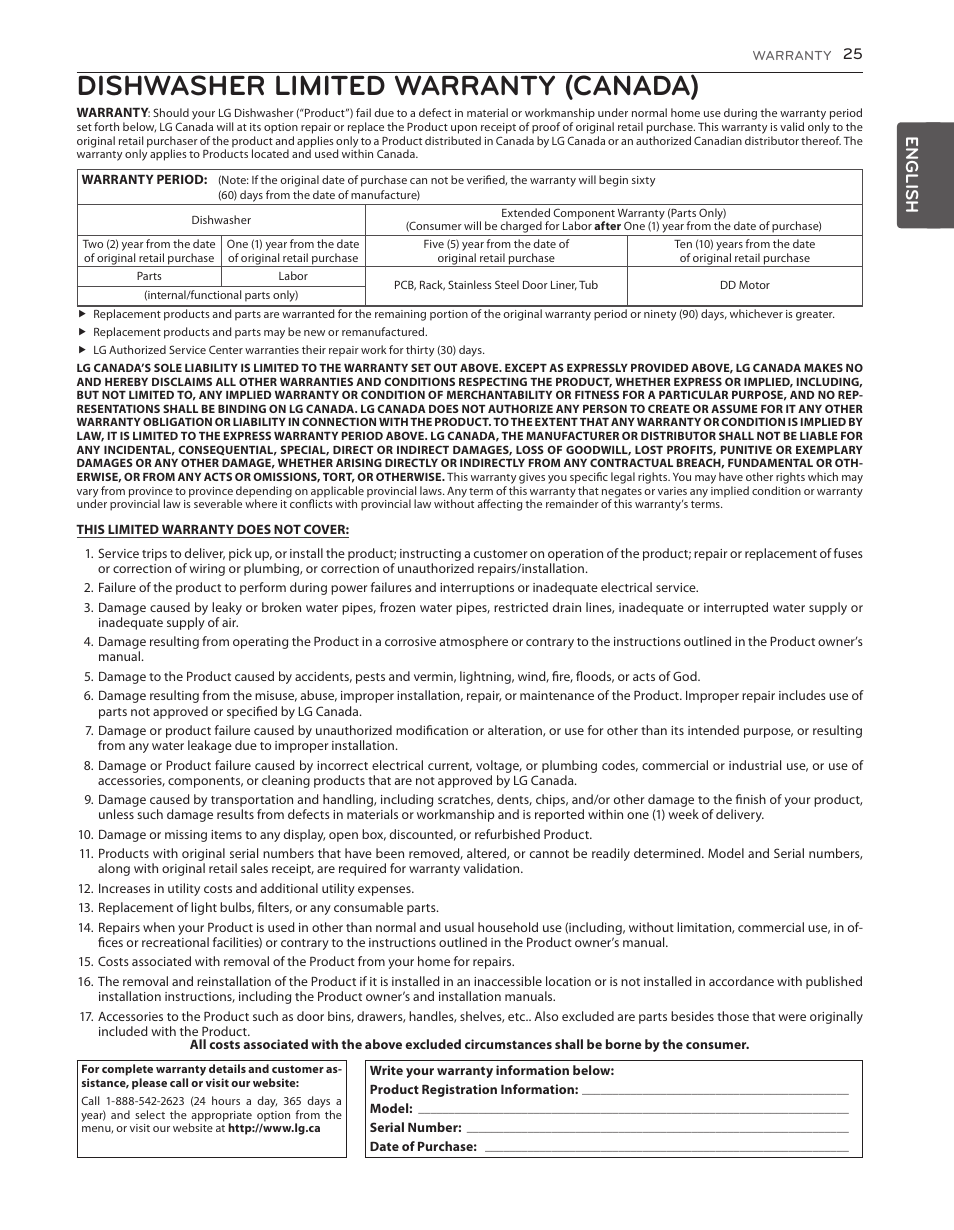 Dishwasher limited warranty (canada), English | LG LDS5040BB User Manual | Page 25 / 80