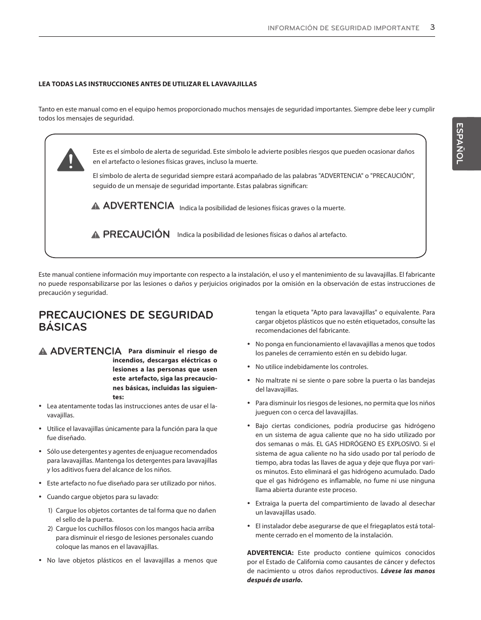 Información de seguridad importante, Precauciones de seguridad básicas, Advertencia | Precaución, Esp añol | LG LDS5040BB User Manual | Page 29 / 80