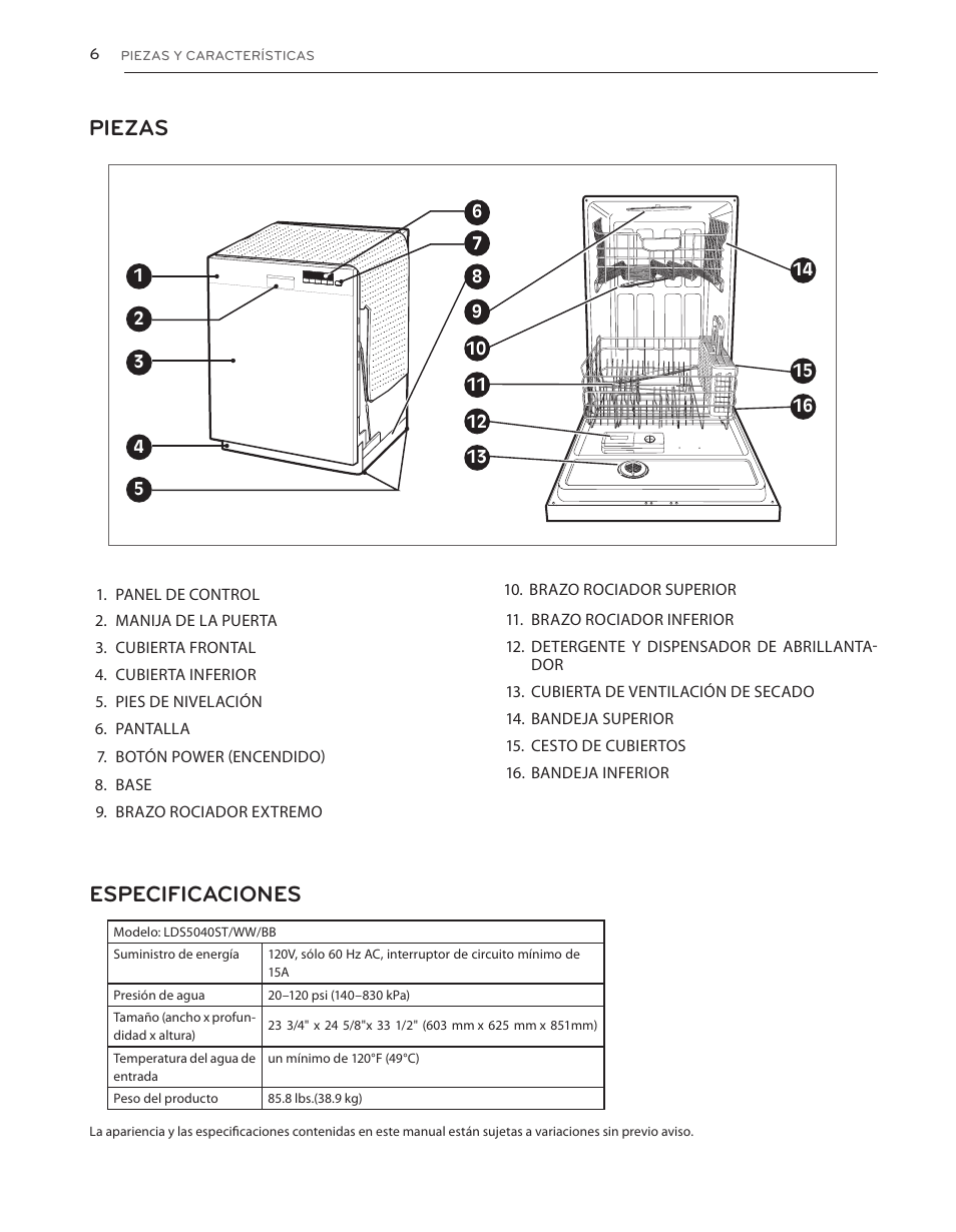 Piezas, Especificaciones | LG LDS5040BB User Manual | Page 32 / 80
