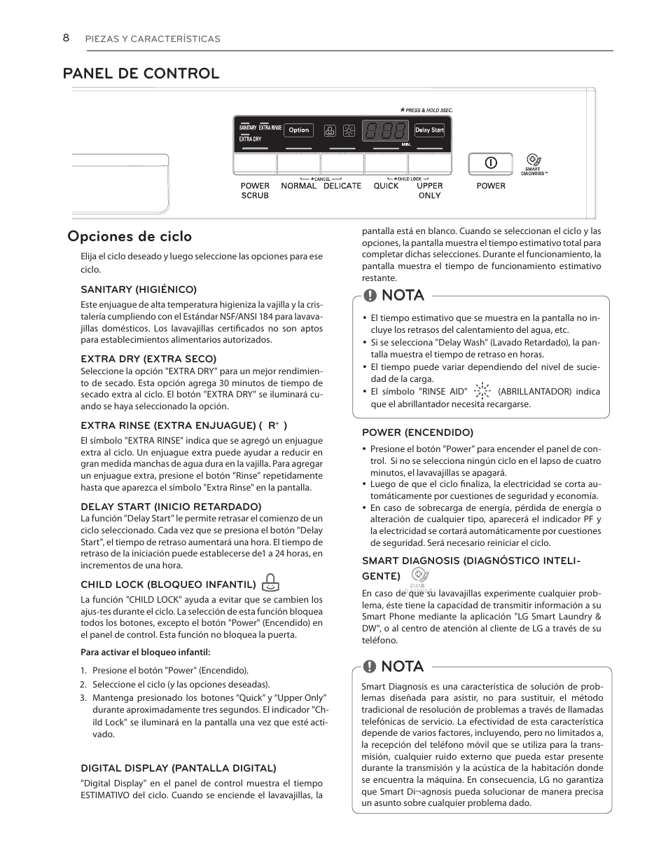 Panel de control opciones de ciclo, Nota | LG LDS5040BB User Manual | Page 34 / 80
