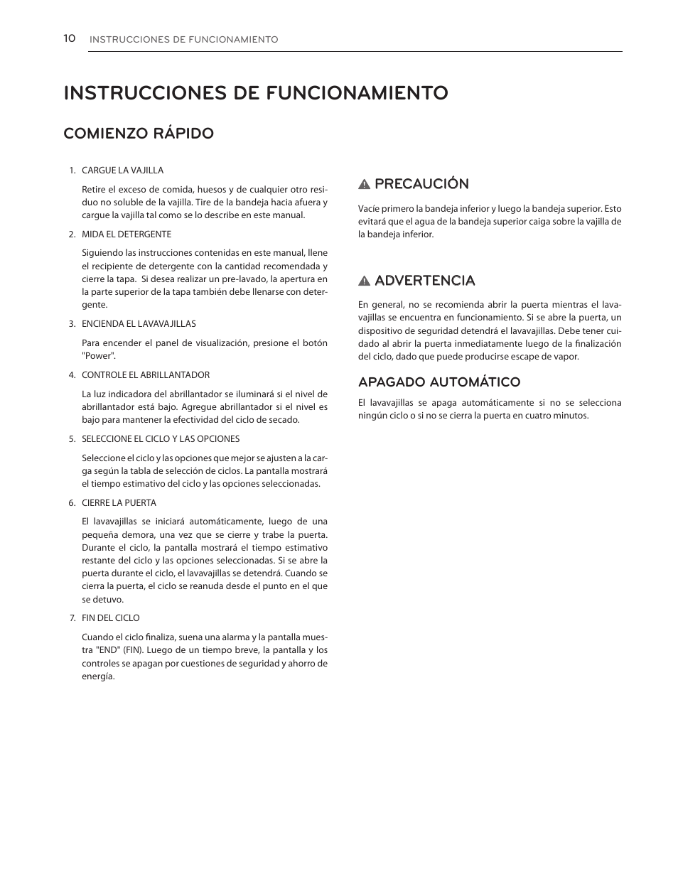 Instrucciones de funcionamiento, Comienzo rápido, Precaución | Advertencia, Apagado automático | LG LDS5040BB User Manual | Page 36 / 80