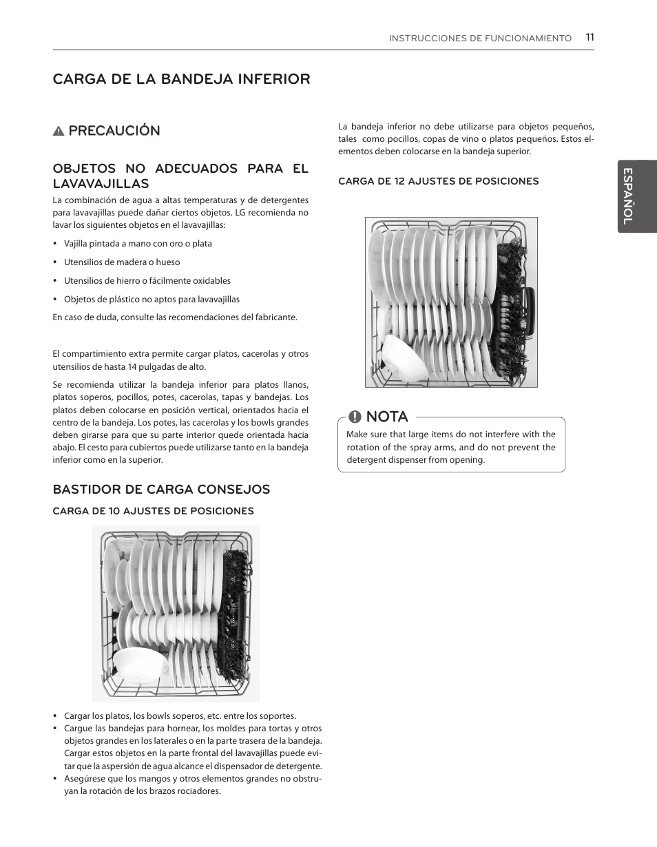 Carga de la bandeja inferior, Nota, Precaución | Objetos no adecuados para el lavavajillas, Bastidor de carga consejos | LG LDS5040BB User Manual | Page 37 / 80