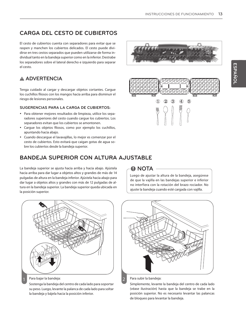 Carga del cesto de cubiertos, Bandeja superior con altura ajustable, Nota | Advertencia, Esp añol | LG LDS5040BB User Manual | Page 39 / 80