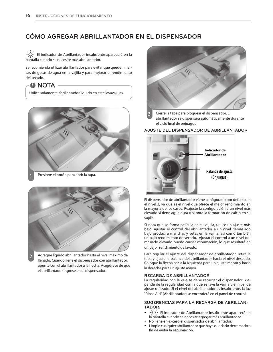 Cómo agregar abrillantador en el dispensador, Nota, Rinse-aid indicator adjust lever (rinse) | LG LDS5040BB User Manual | Page 42 / 80