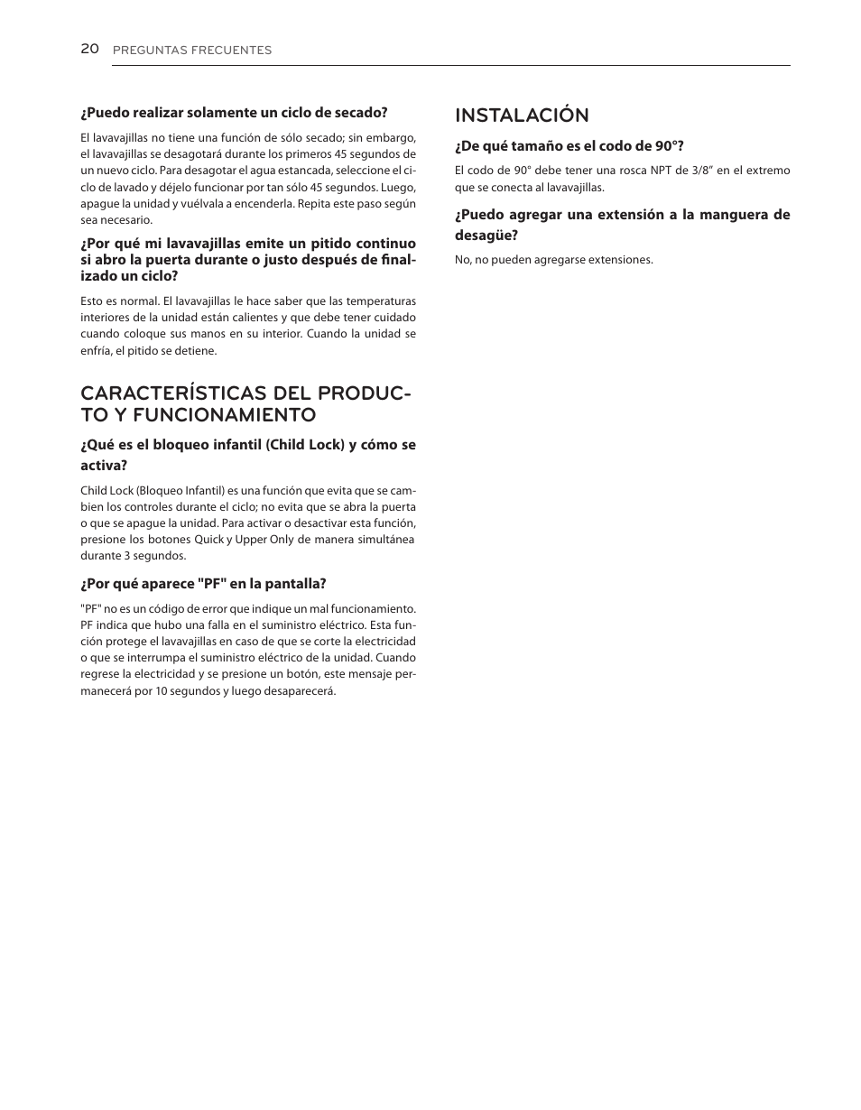 Características del produc- to y funcionamiento, Instalación | LG LDS5040BB User Manual | Page 46 / 80