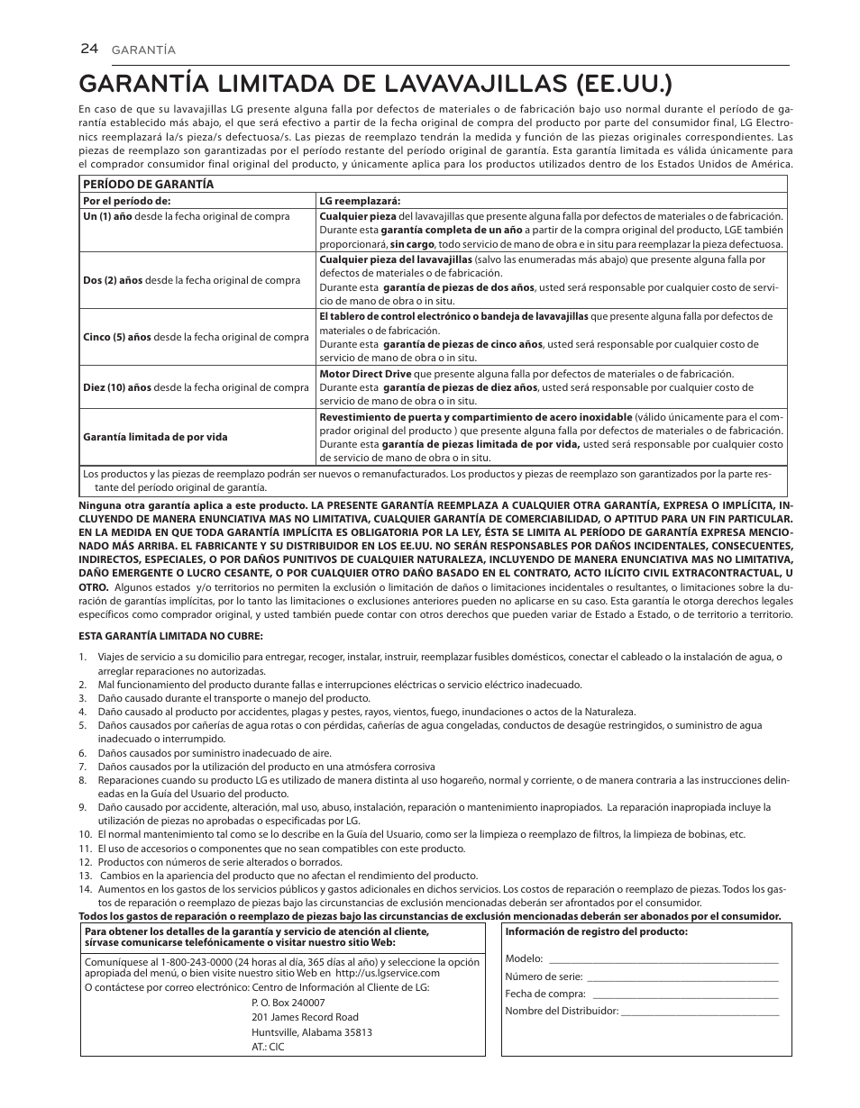 Garantía limitada de lavavajillas (ee.uu.) | LG LDS5040BB User Manual | Page 50 / 80