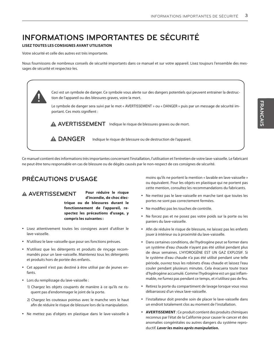 Informations importantes de sécurité, Précautions d'usage, Danger | Avertissement, Francais | LG LDS5040BB User Manual | Page 55 / 80
