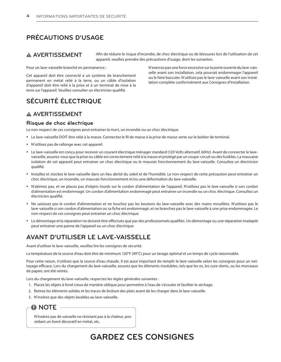 Gardez ces consignes, Précautions d'usage, Sécurité électrique | Avant d'utiliser le lave-vaisselle, Avertissement, Risque de choc électrique | LG LDS5040BB User Manual | Page 56 / 80