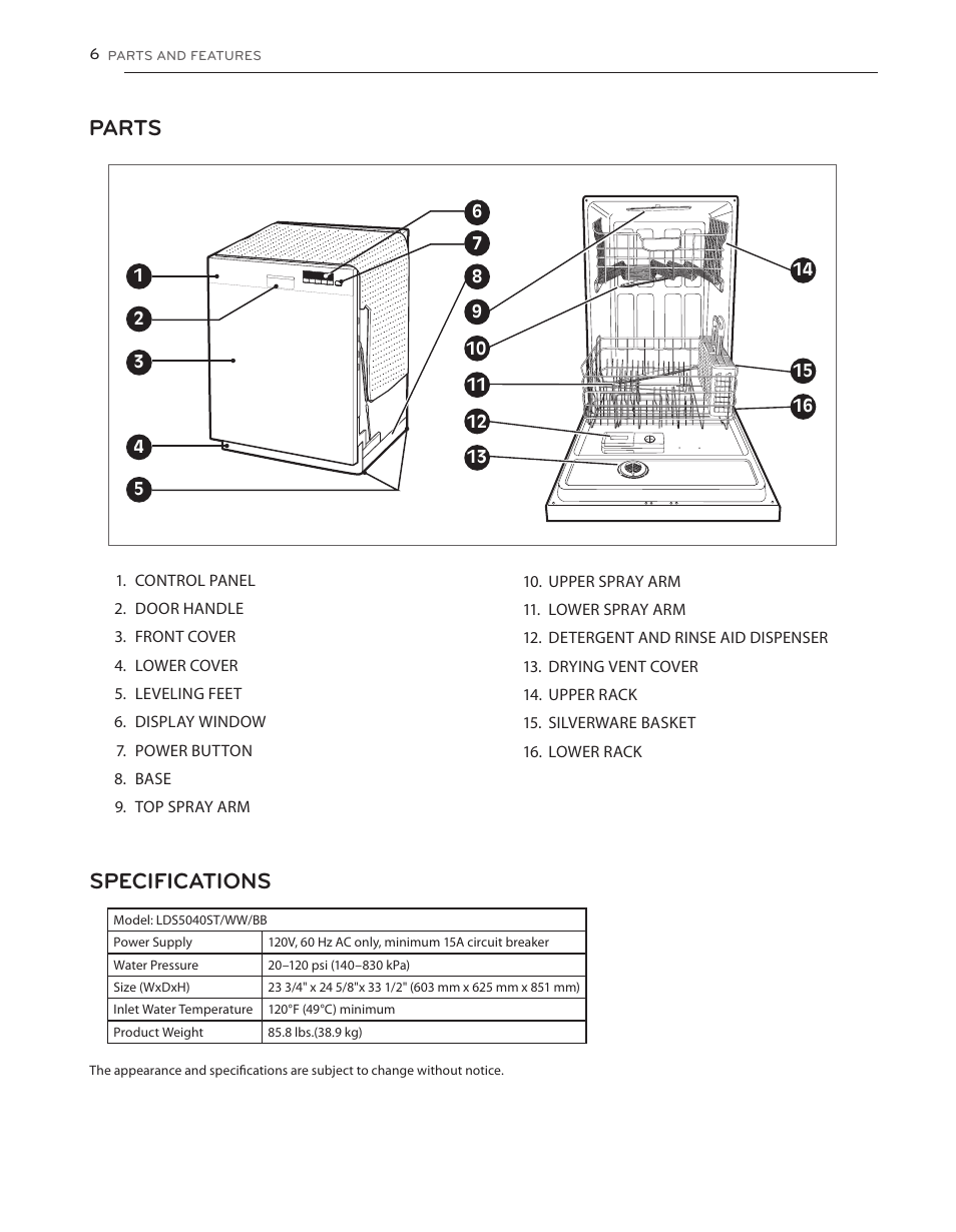 Parts, Specifications | LG LDS5040BB User Manual | Page 6 / 80
