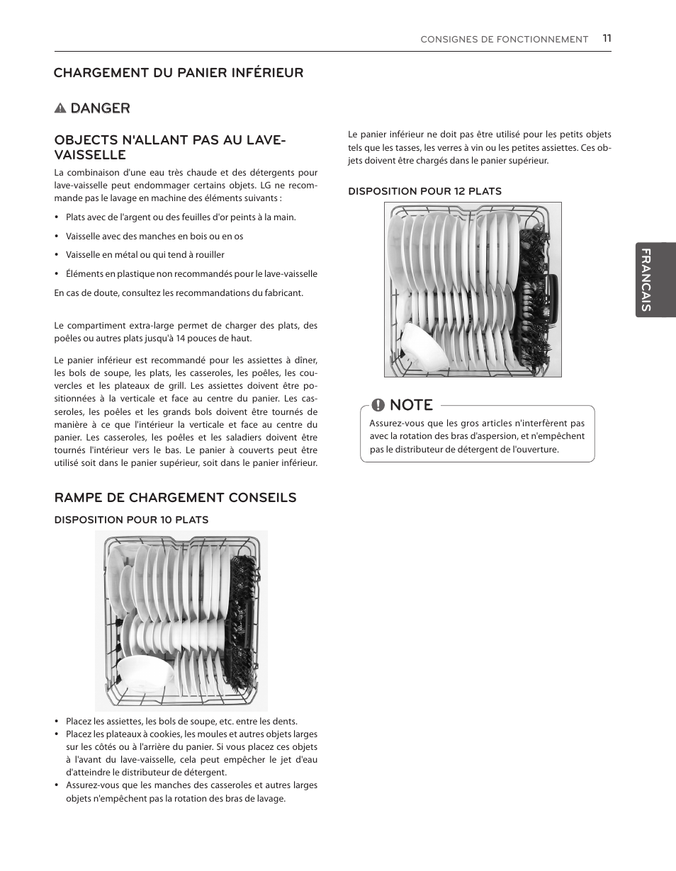 Danger, Objects n'allant pas au lave- vaisselle, Chargement du panier inférieur | Rampe de chargement conseils, Francais | LG LDS5040BB User Manual | Page 63 / 80
