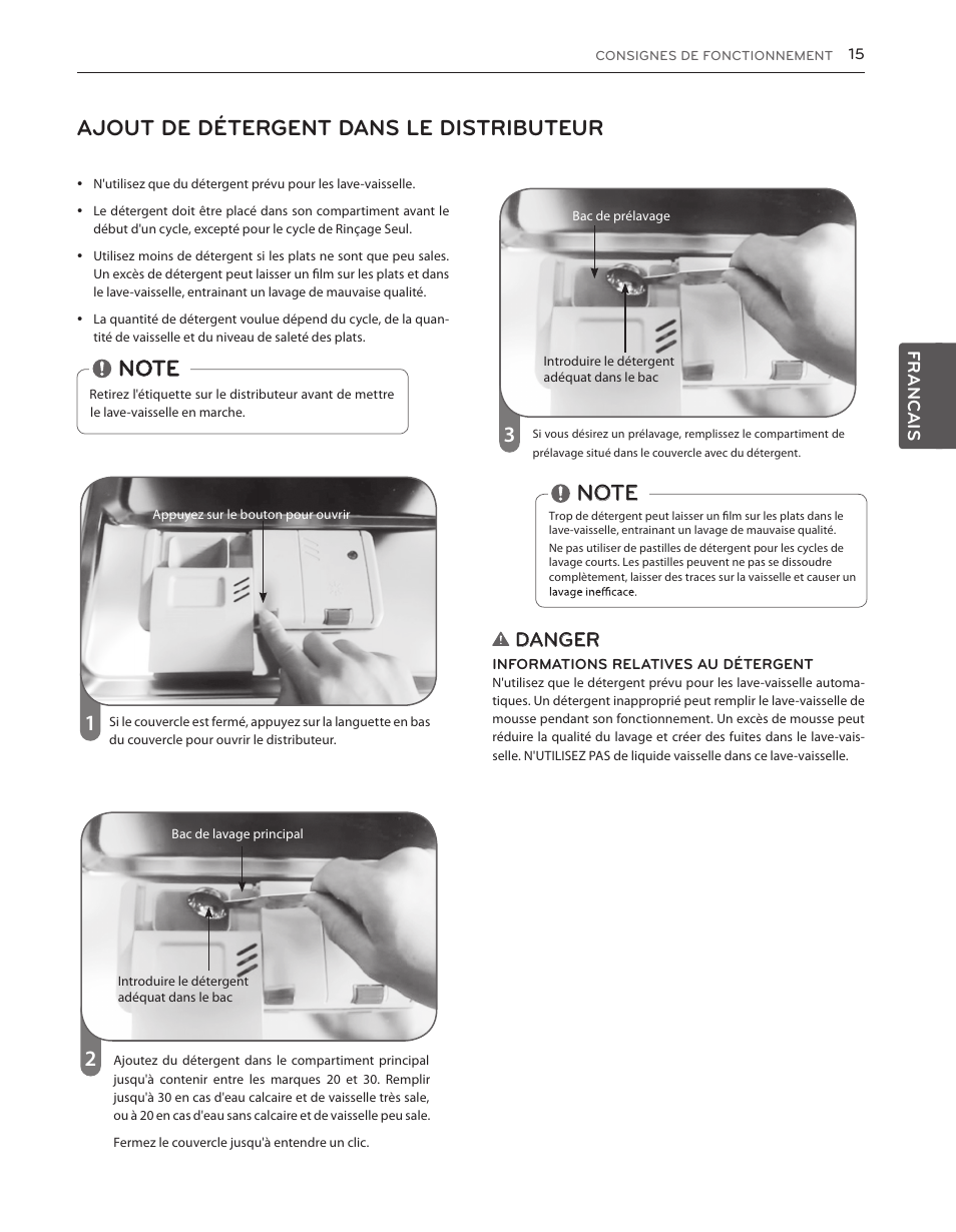Ajout de détergent dans le distributeur, Danger | LG LDS5040BB User Manual | Page 67 / 80