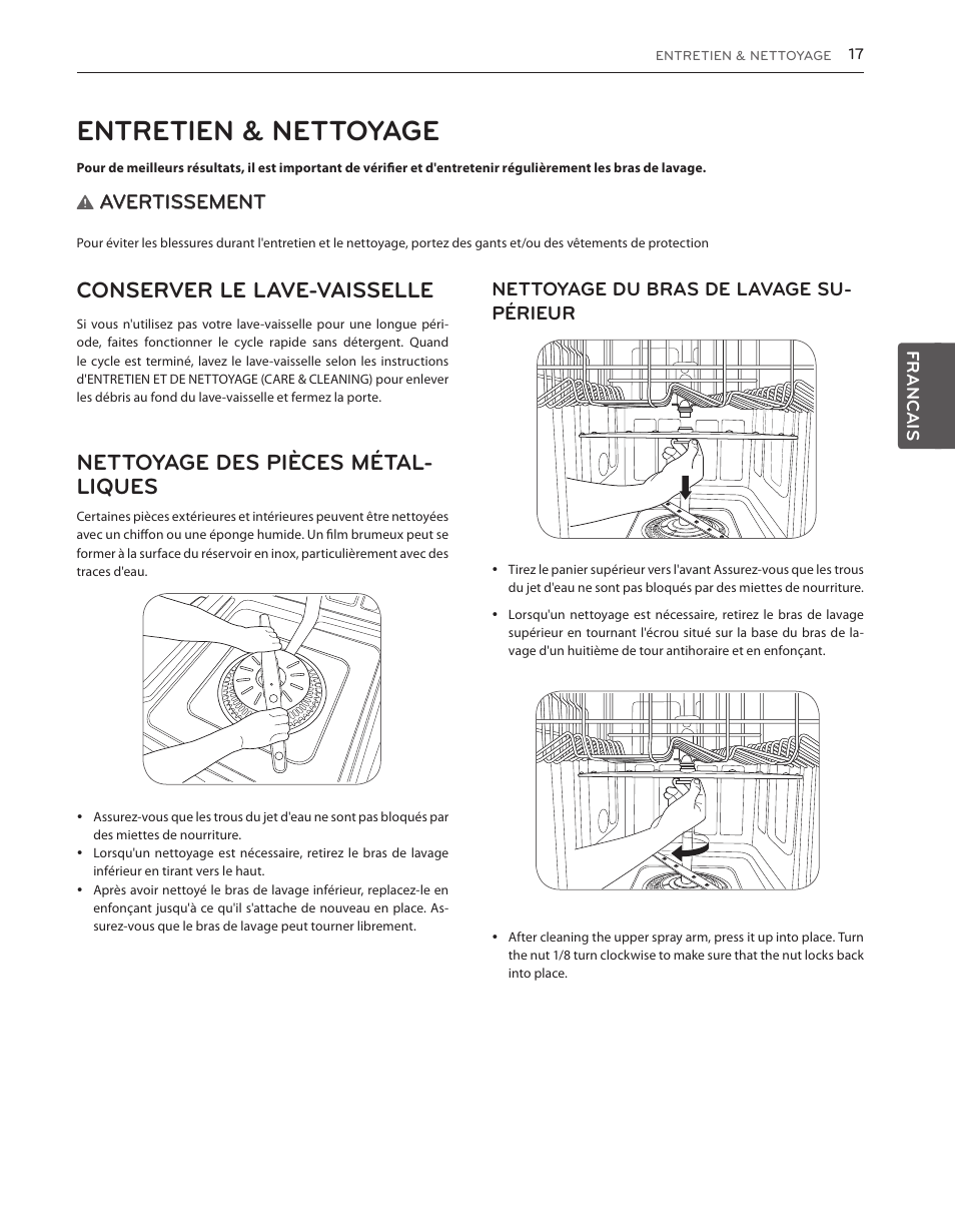 Entretien & nettoyage, Conserver le lave-vaisselle, Nettoyage des pièces métal- liques | Avertissement, Nettoyage du bras de lavage su- périeur | LG LDS5040BB User Manual | Page 69 / 80