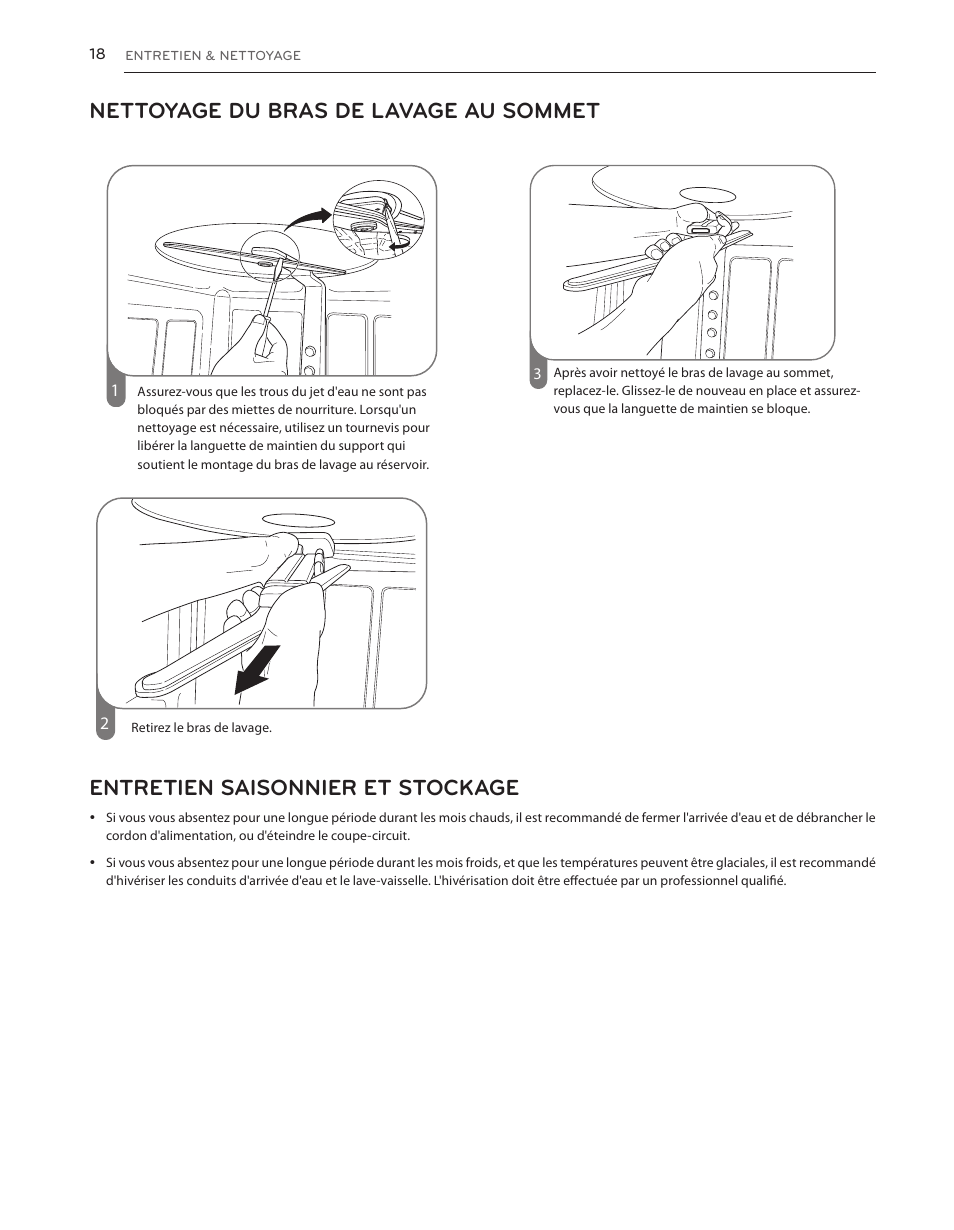 Nettoyage du bras de lavage au sommet, Entretien saisonnier et stockage | LG LDS5040BB User Manual | Page 70 / 80