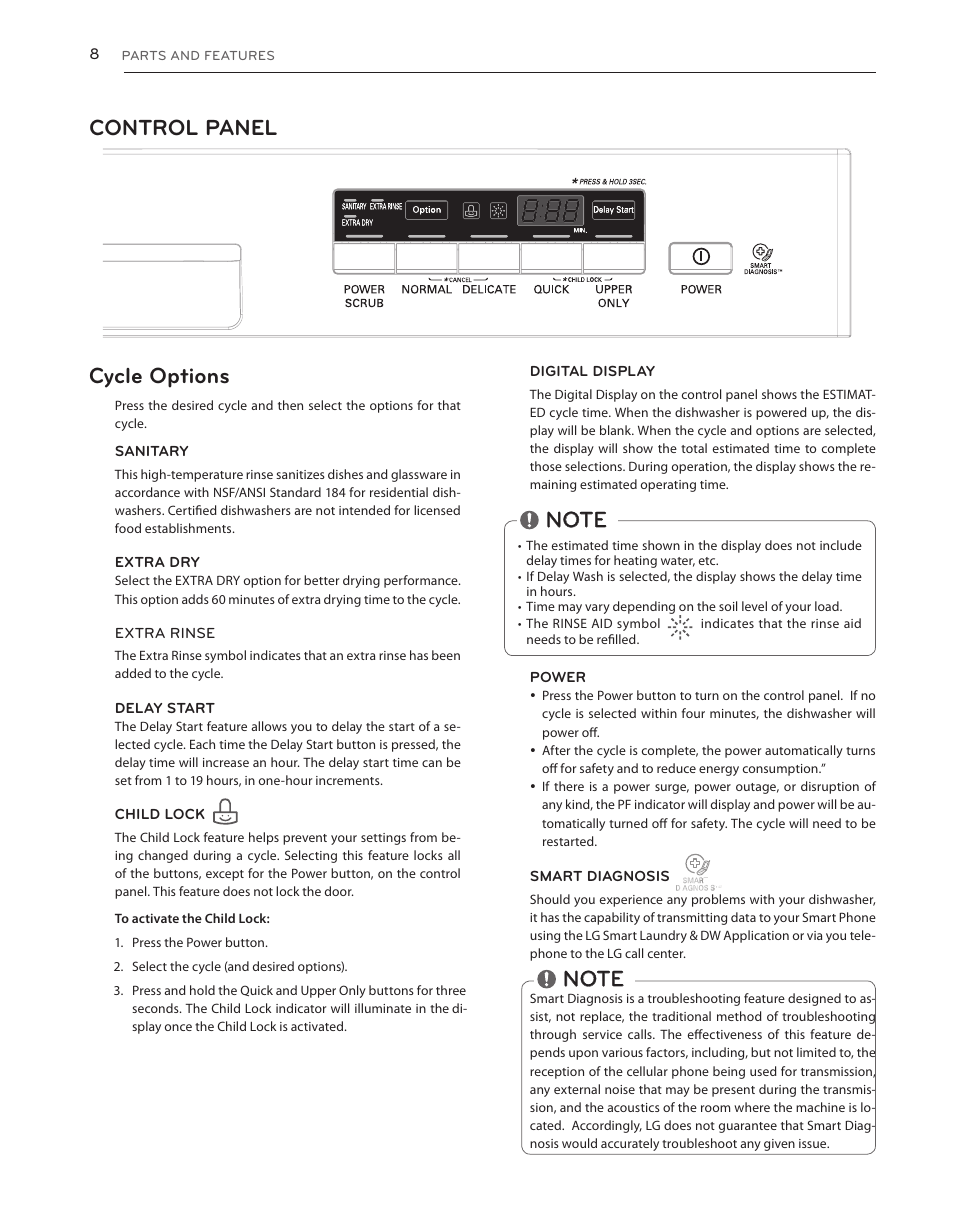 Control panel cycle options | LG LDS5040BB User Manual | Page 8 / 80