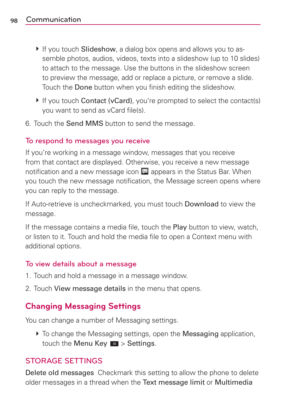 Changing messaging settings | LG LGMS870 User Manual | Page 100 / 210